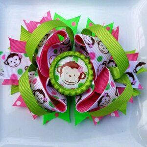 Little Monkey Apple Green Pink Neon Green White Bottle Cap Hair Bow 5"